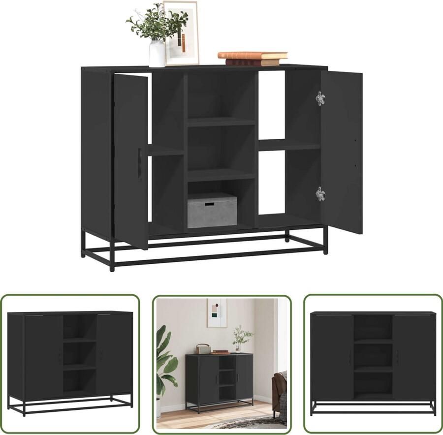 The Living Store Dressoir 92x35x76 cm bewerkt hout zwart Dressoir Commode Opbergkast Industrieel Meubilair Houten Dressoir