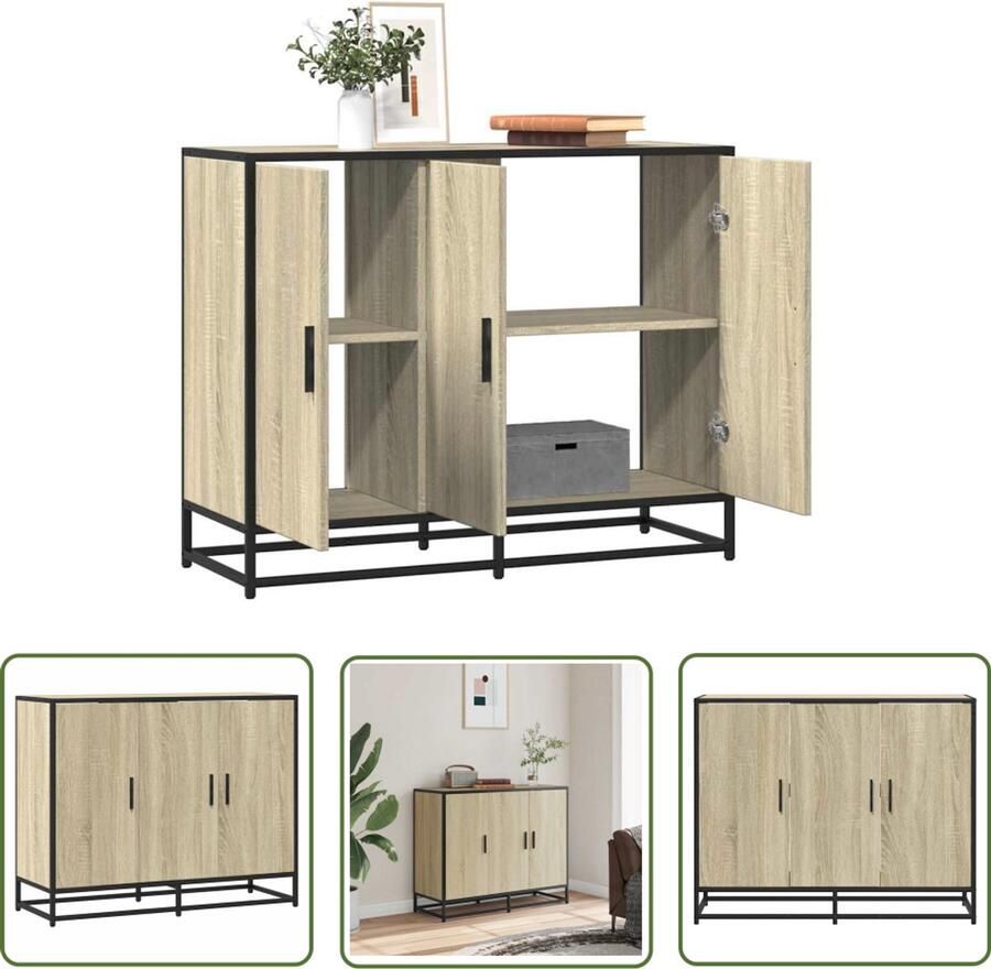 The Living Store Dressoir 94x35x76 cm bewerkt hout sonoma eikenkleurig Dressoir Keukenopslag Salontafel Houten Meubels Industrieel Design