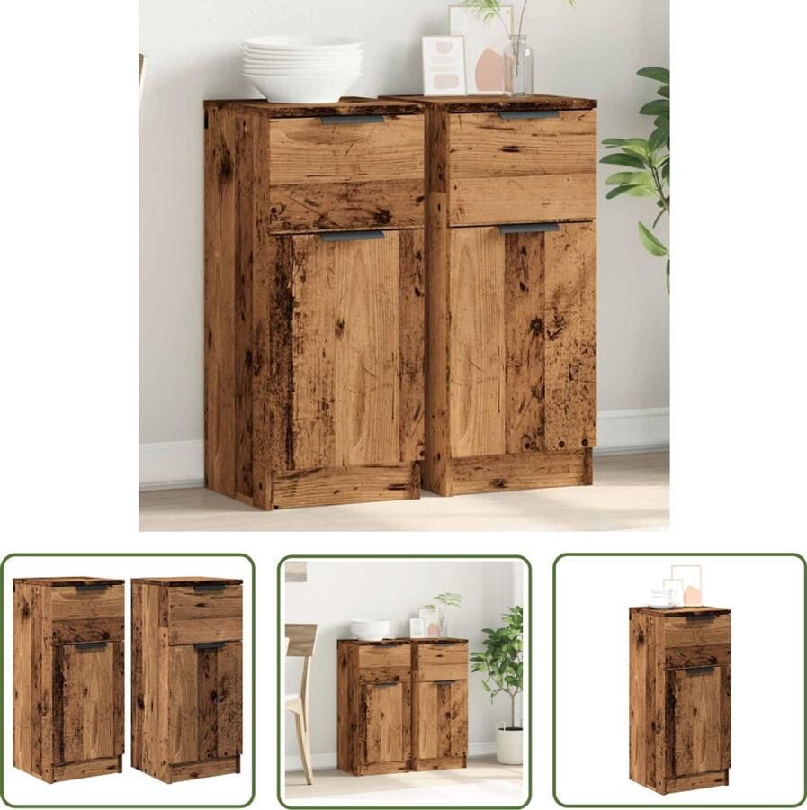 The Living Store Dressoirs 2 st 30x30x70 cm bewerkt hout oud houtkleurig Dressoir Houten Dressoir Vintage Dressoir Opbergkast Salontafel