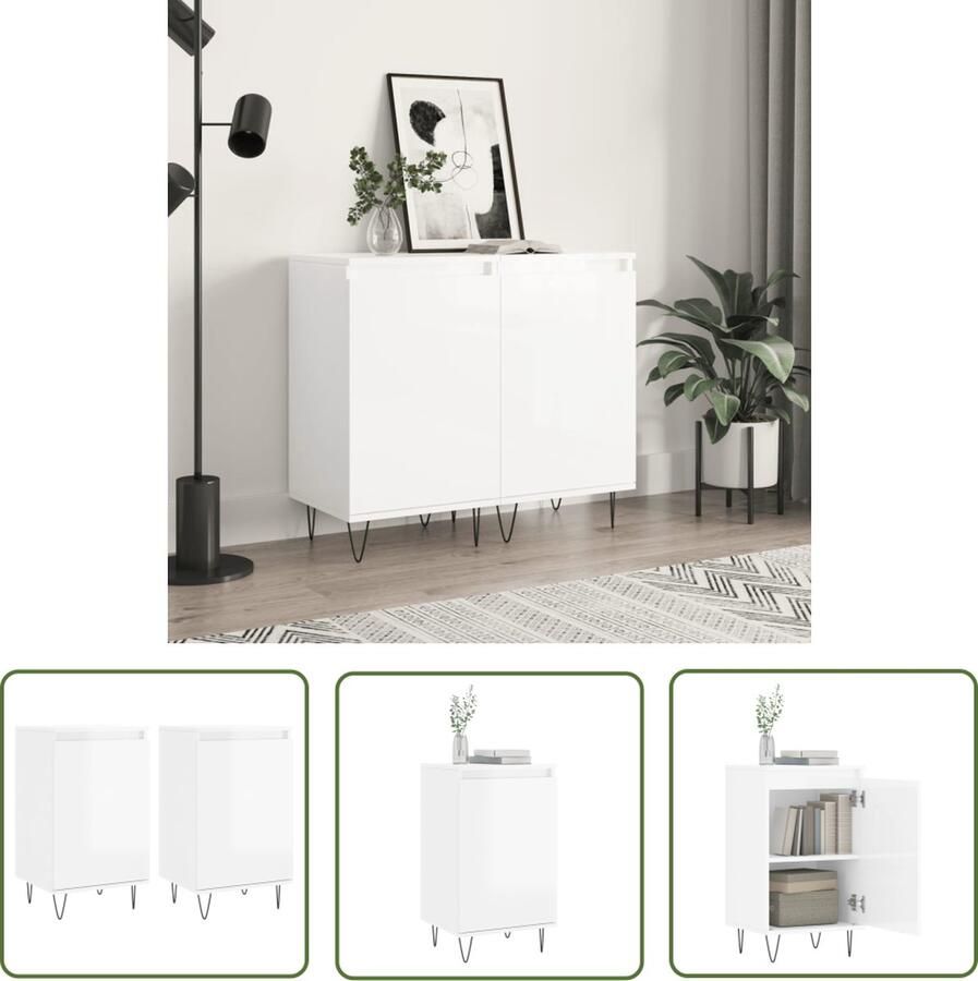The Living Store Dressoirs 2 st 40x35x70 cm bewerkt hout hoogglans wit Dressoir Commode Opslagoplossing Keukenmeubel Woonkamerdecoratie
