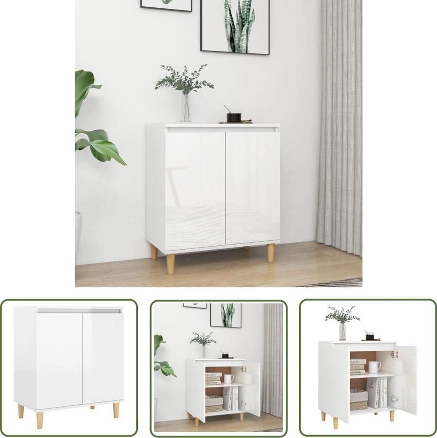The Living Store Dressoir houten poten 60x35x70 cm bewerkt hout hoogglans wit Dressoir Scandinavisch Design Wit Dressoir Opbergmeubel Salontafel