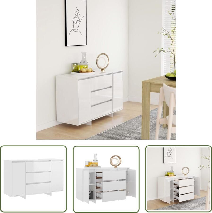 The Living Store Dressoir met 3 lades 120x41x75 cm bewerkt hout hoogglans wit Dressoir Bijzettafel Opbergkast Buffetkast Salontafel
