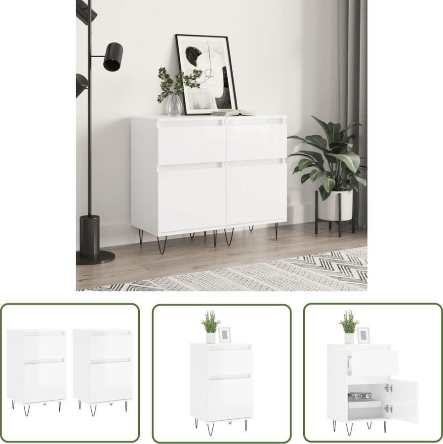 The Living Store Dressoirs 2 st 40x35x70 cm bewerkt hout hoogglans wit Dressoir Kast Opbergkast Houten Dressoir White Furniture