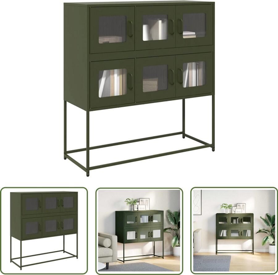 The Living Store Dressoir 100 5x39x107 cm koudgewalst staal olijfgroen Dressoir Opbergkast Keukenmeubilair Salontafel Entreetafel