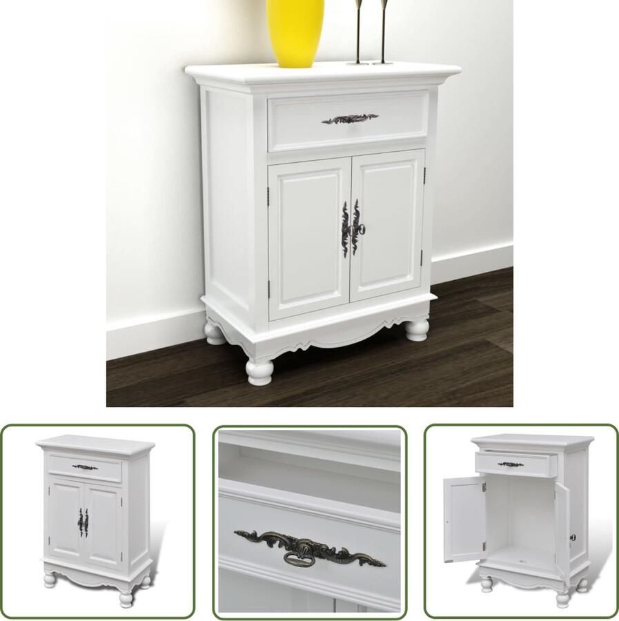 The Living Store Kastje met 2 deurtjes en 1 lade wit hout Antiek Kastje Houten Kast Opslag Meubel Vintage Kast Salontafel