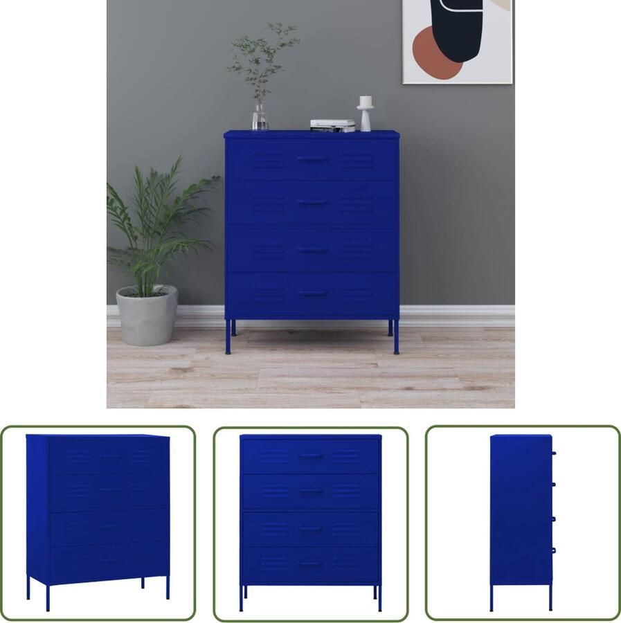 VidaXL Commode Ladekast 80x35x101 5 cm staal marineblauw Opslagruimte Blauwe Kast Metalen Kast