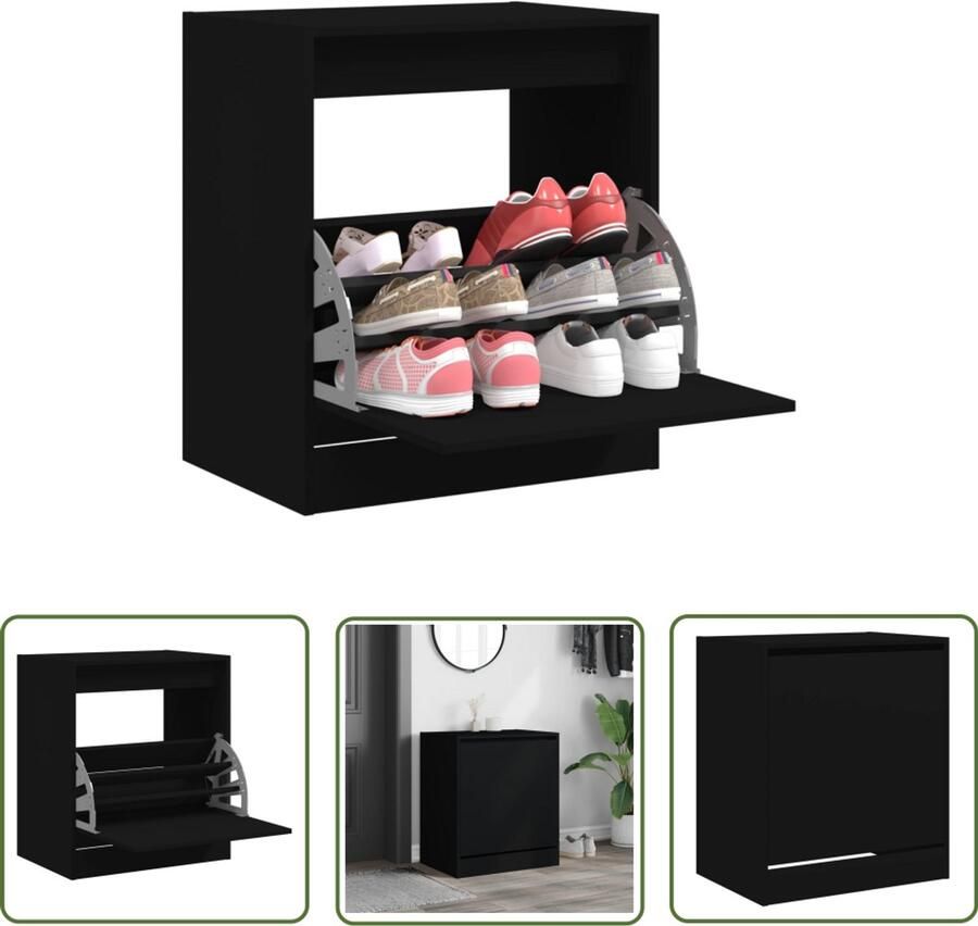 The Living Store Schoenenkast 60x42x69 cm bewerkt hout zwart Schoenenkast Compact Design Schoenenopbergers Houten Schoenenkast Zwarte Schoenenkast