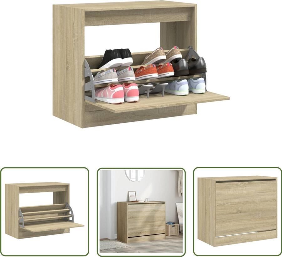 The Living Store Schoenenkast 80x42x69 cm bewerkt hout sonoma eikenkleurig Schoenenkast Compact Design Houten Schoenenkast Schoenuitlegers Bergruimte