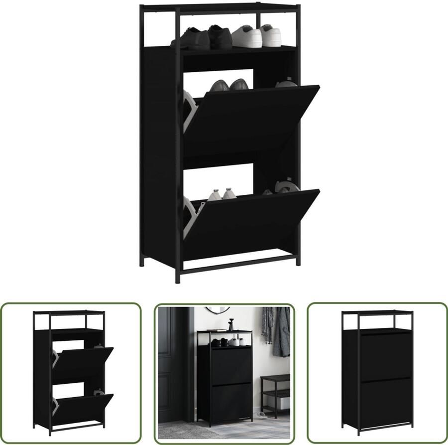 The Living Store Schoenenkast 60x34x112 cm bewerkt hout zwart Schoenenkast Compact Zwarte Schoenenkast Houten Schoenenkast Schoenenopbergkast