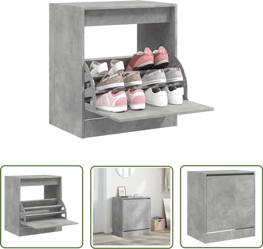 The Living Store Schoenenkast 60x42x69 cm bewerkt hout betongrijs Schoenenkast Compact Grijze Schoenenkast Houten Schoenenkast Bergruimte