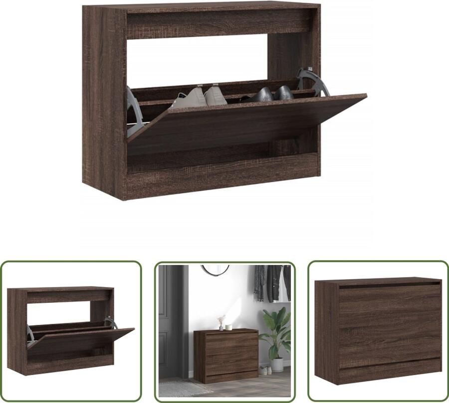 The Living Store Schoenenkast 80x34x63 cm bewerkt hout bruin eikenkleur Schoenenkast Compact Houten Schoenenkast Bruine Eiken Kleur Schoenen Opbergkast