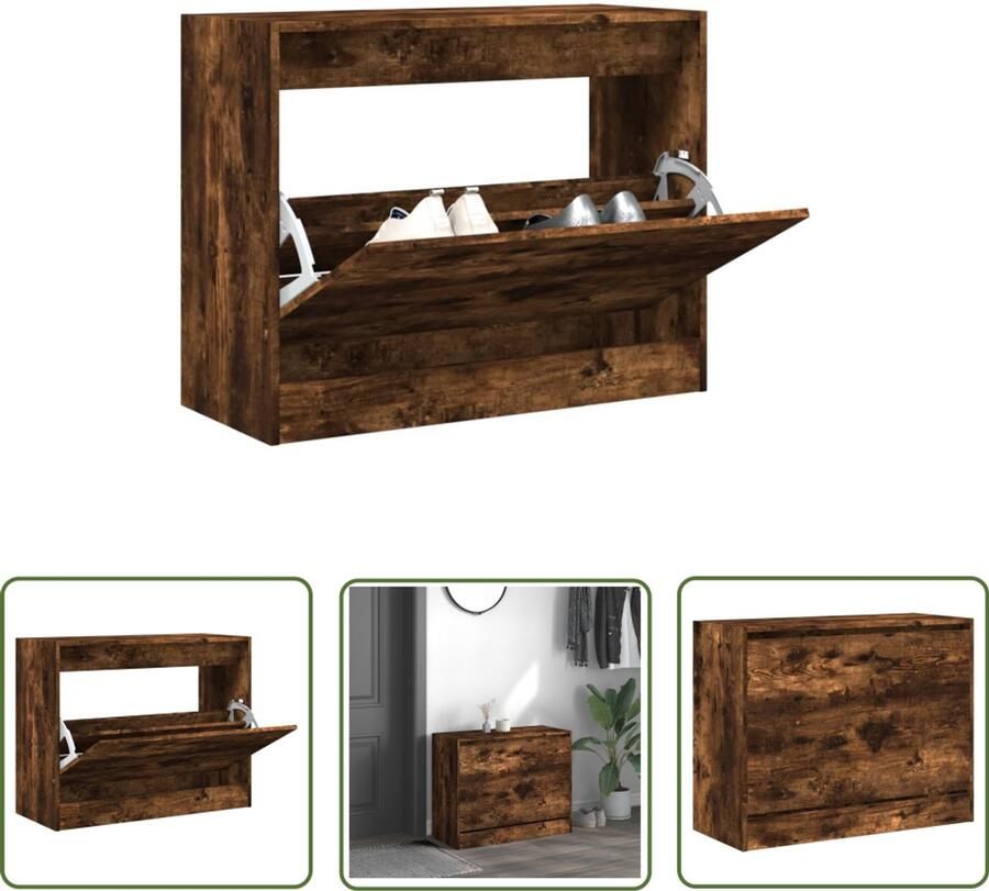 The Living Store Schoenenkast 80x34x63 cm bewerkt hout gerookt eikenkleurig Schoenenkast Compact Bruine Schoenenkast Houten Schoenenkast Schoenuitlegkast