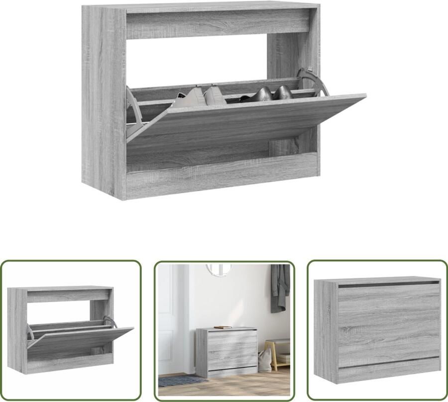 The Living Store Schoenenkast 80x34x63 cm bewerkt hout grijs sonoma eikenkleurig Schoenenkast Compact Houten Schoenenkast Grijze Schoenenkast Schoenenopbergkast