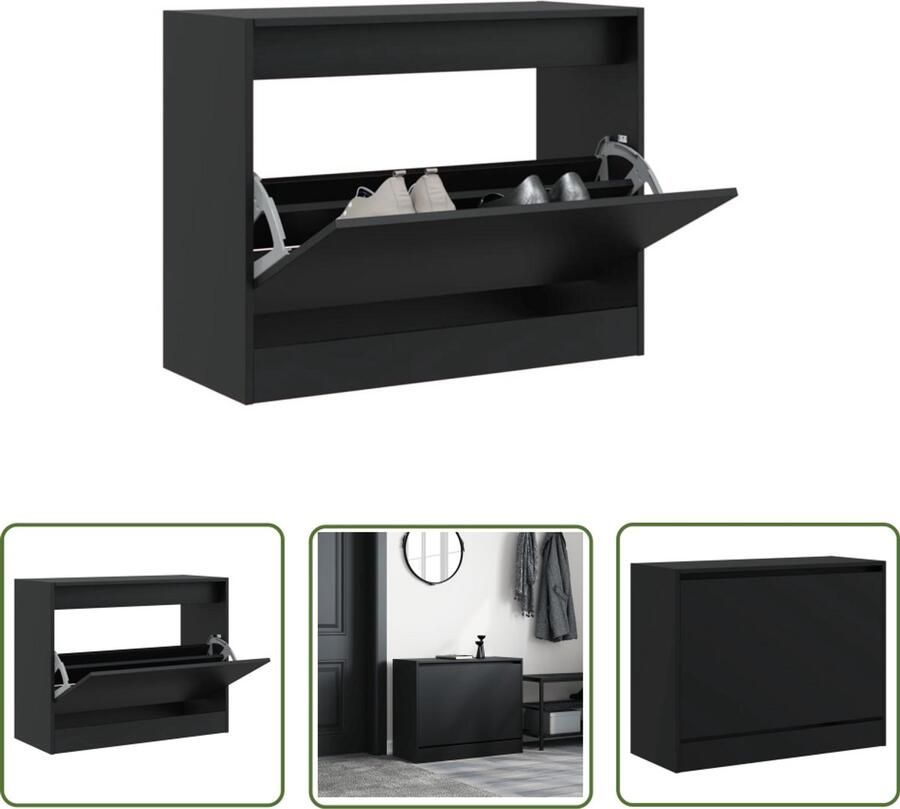 The Living Store Schoenenkast 80x34x63 cm bewerkt hout zwart Schoenenkast Compact Houten Schoenenkast Schoenenopbergkast Entryway Furniture