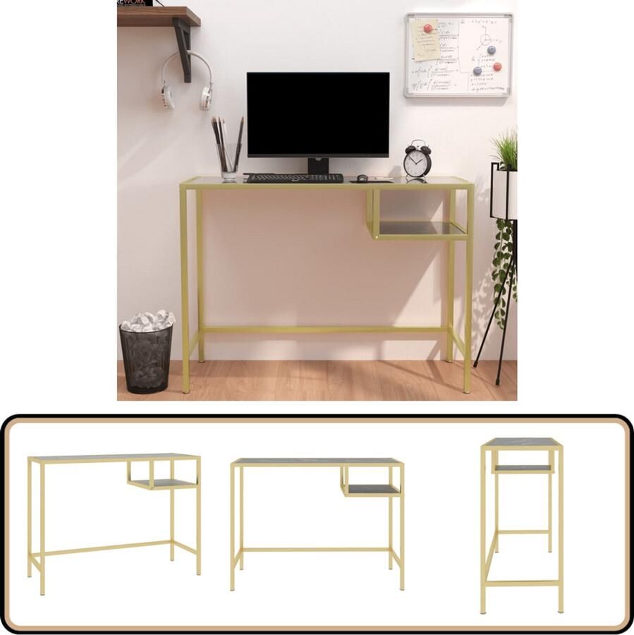 VidaXL Computerbureau 100x36x74 cm Zwartmarmer & Goud Computerbureau Bureau Kantoormeubilair Industrieel Bureau Glas Tafel Zwarte Bureau