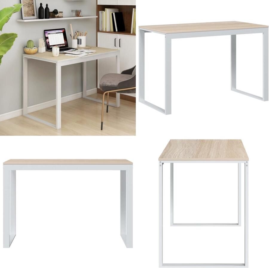 VidaXL Computerbureau 110x60x73 cm spaanplaat wit en eikenkleurig Computertafel Computertafels Computerbureau Bureau