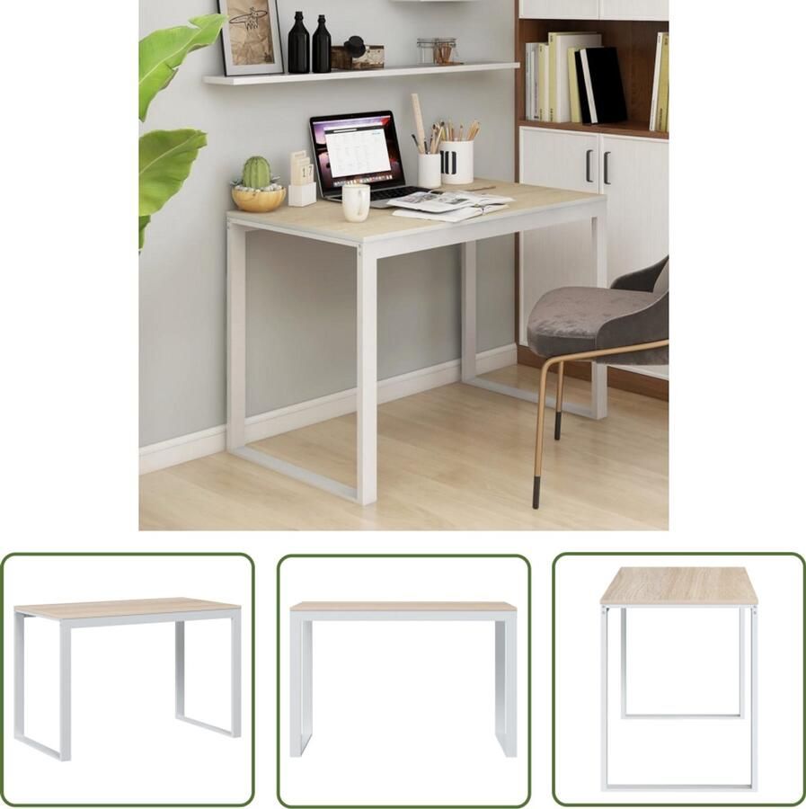 VidaXL Computerbureau 110x60x73 cm Wit en Eiken Computerbureau Industrieel Bureau Houten Bureau Witte Bureau Bureaublad Thuiskantoor Ergonomische Stoel Laptop Tafel Werkplek