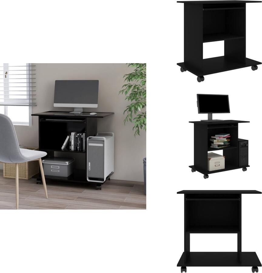 VidaXL Computerbureau Compact 80 x 50 x 75 cm Uittrekbare toetsenbordlade Wieltjes Zwart Spaanplaat Bureau