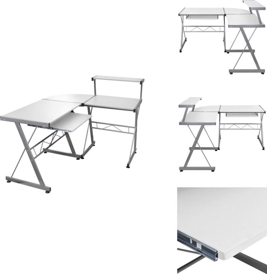 VidaXL Hoekbureau L-vormig 132 x 112 x 99 cm Duurzaam bewerkt hout Inclusief uitschuifbaar toetsenbordblad Extra opbergruimte Flexibel design Montagehandleiding inbegrepen Wit Bureau