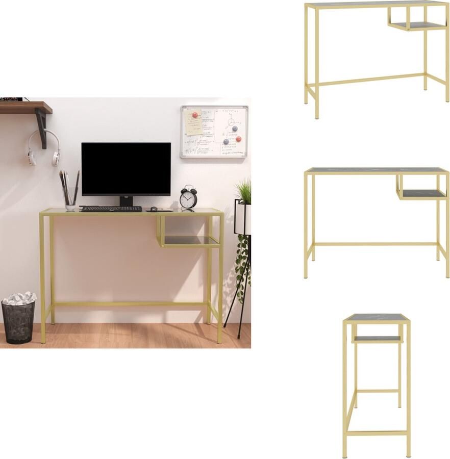 VidaXL Computerbureau Computerbureaus Glazen Kantoorbureau Computerbureau 100x36x74 cm gehard glas zwartmarmerkleurig - Foto 2