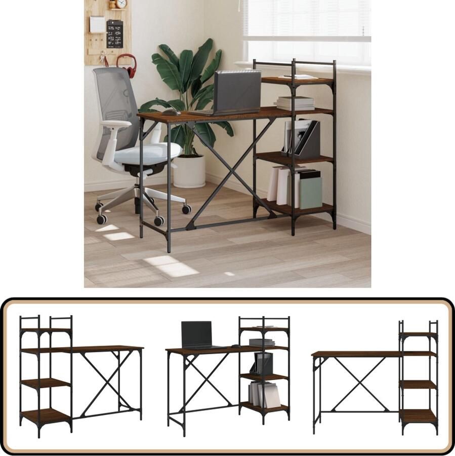 The Living Store Bureau Met Schappen Bruineiken 120x47x109 cm Duurzaam bewerkt hout en metaal Kantoormeubilair Bureau Houten Bureau Bureaublad Laptop Tafel