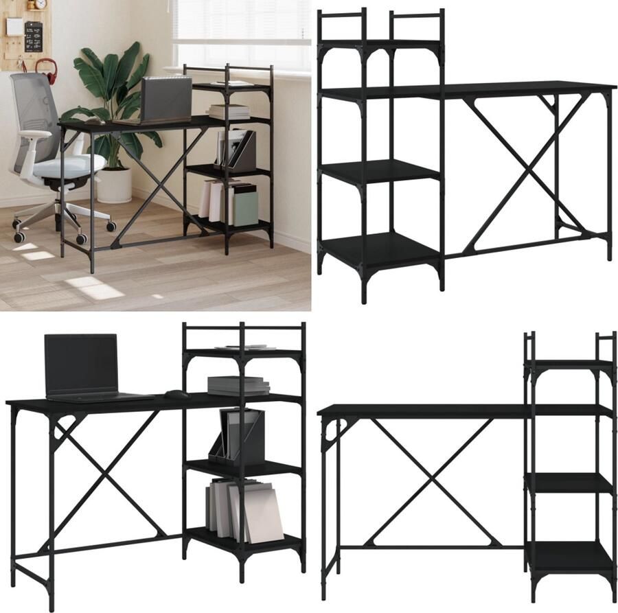 The Living Store Bureau Schappen 120 x 47 x 109 cm Duurzaam bewerkt hout en metaal Kantoormeubilair Bureau Laptop Tafel Houten Bureau Zwart Bureau