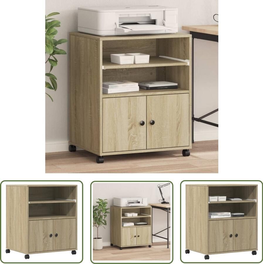 VidaXL Computerkast Printerkast Printerkastje met wielen 60x48x74 cm sonoma eikenkleurig Bureauaccessoires Houten Kast Sonoma Eiken