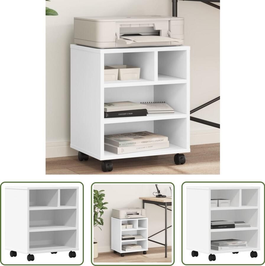 VidaXL Computermeubilair Printerkast Printerkastje met wielen 41x32x48 cm wit Houten Kast Wit Meubel Bureaublad Organizer