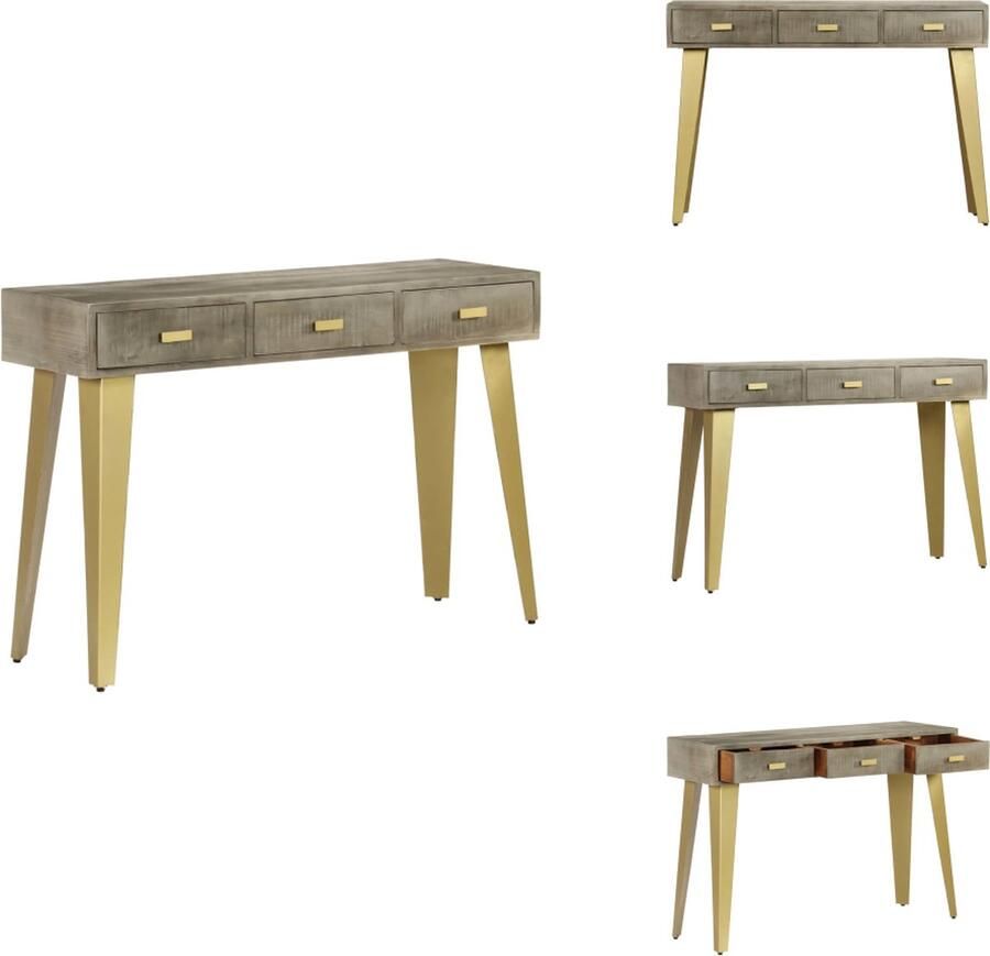 VidaXL Console Tafel Console Tafels Bijzettafel Bijzettafels Wandtafel 110x35x76 cm massief mangohout met messing grijs