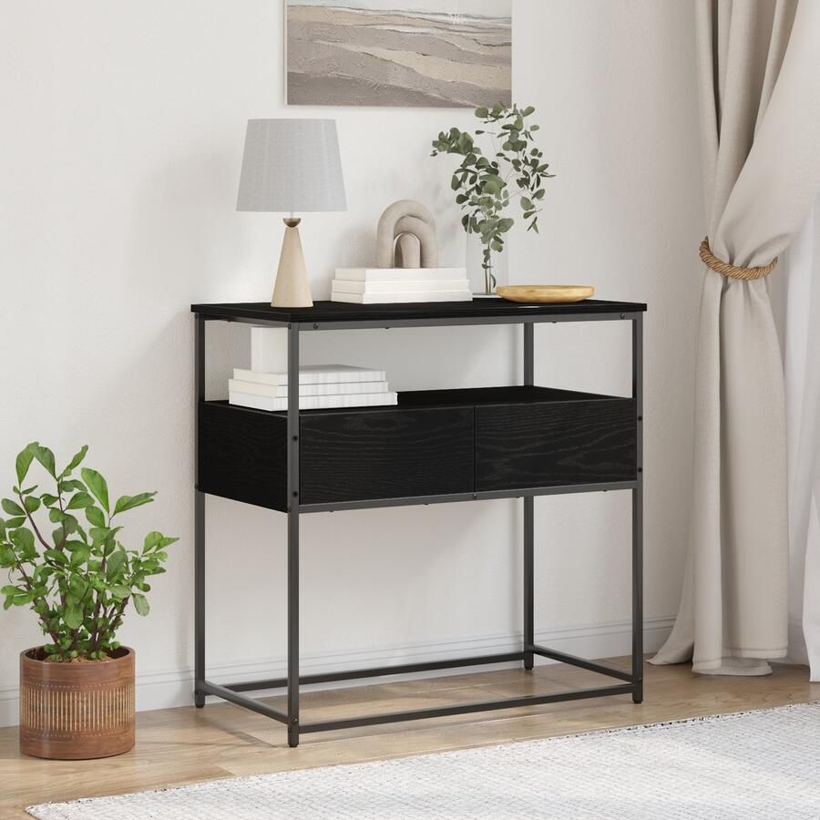 VidaXL Console Tafel Zwart Eiken 75x40x75 cm Engineered Hout en Staal - Foto 2
