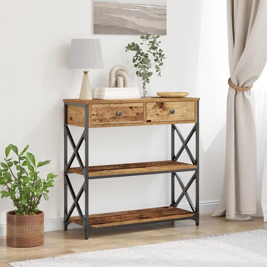VidaXL Console Tafel Oud Hout 75x28x75 cm Engineered Hout en Staal