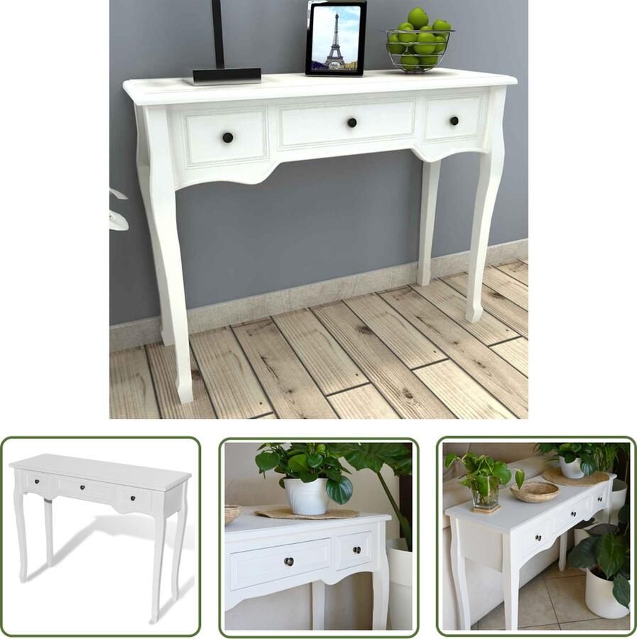The Living Store Tafel Grenenhout Wit 100 x 35 x 78 cm Met lades en ijzeren knoppen Bijzettafel Consoletafel Witte Tafel Houten Tafel Opslagruimte - Foto 2