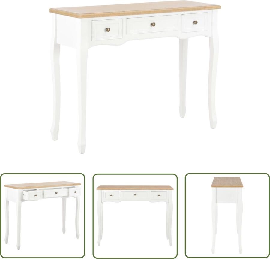 The Living Store Tafel Wit en Bruin MDF en Grenenhout 100 x 35 x 78 cm Met 3 Lades Bijzettafel Consoletafel Kaptafel Houten Tafel Wit Tafel