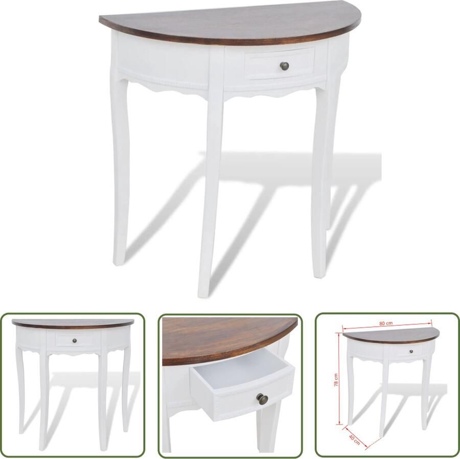 The Living Store Wandtafel Wit frame en bruin tafelblad MDF en grenenhout 80 x 40 x 78 cm Lade 19.5 x 28 x 6.5 cm Wandtafel Consoletafel Houten Tafel Witte Tafel Brown Table Top - Foto 2