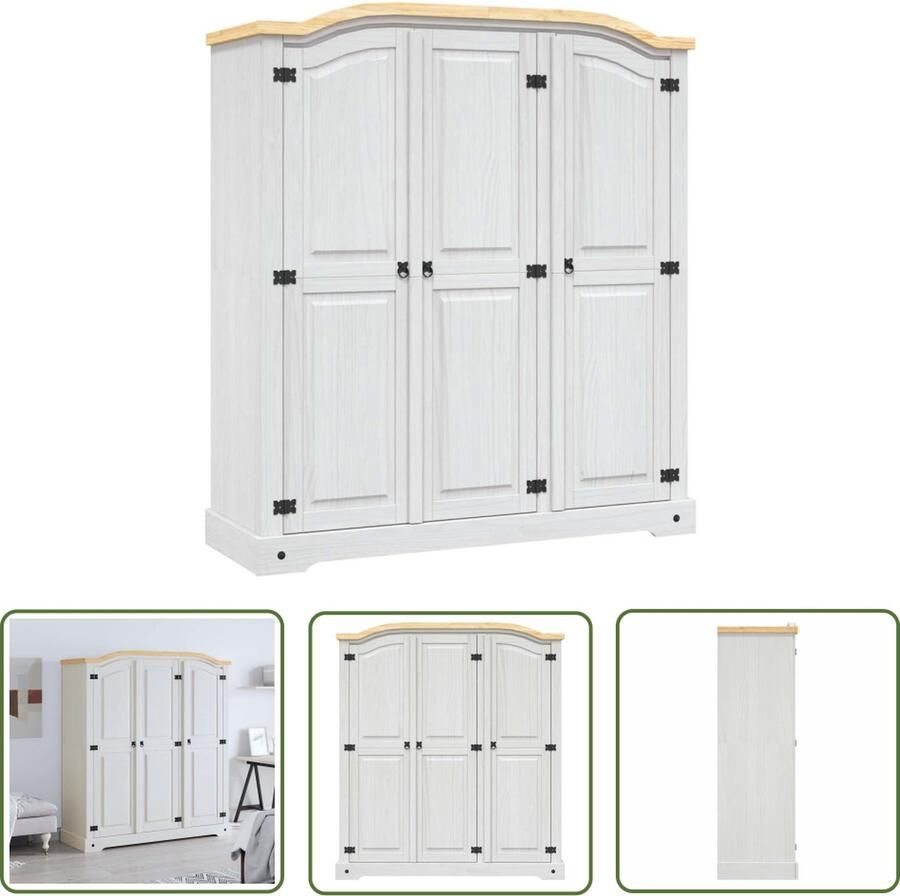 The Living Store Kledingkast met 3 deuren Mexicaans grenenhout Corona-stijl wit Kledingkast Corona Stijl Grenenhout Vintage Kast Slaapkamer Meubilair - Foto 3