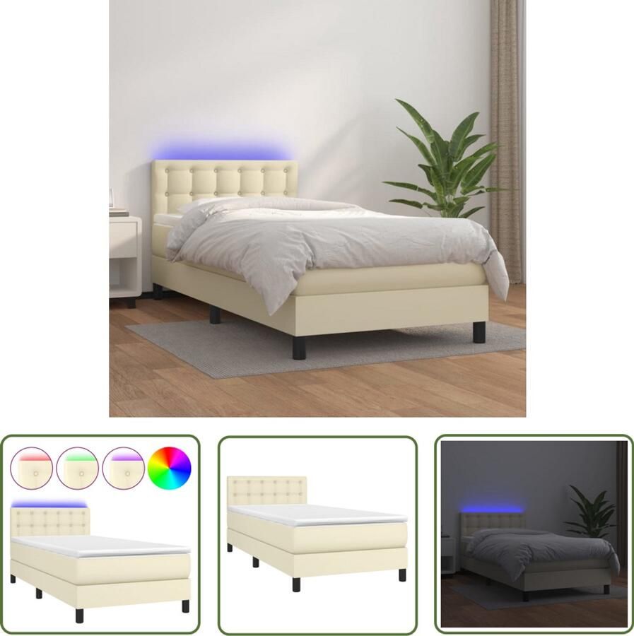 The Living Store Boxspring met matras en LED kunstleer crèmekleurig 90x200 cm Boxspring Boxsprings Bed Slaapmeubel Boxspringbed Boxspring Bed Tweepersoonsbed Bed Met Matras Bedframe Ledikant Bed Met LED