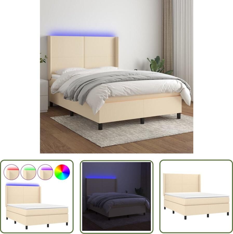 The Living Store Boxspring Bed Crème 193x147x118 128 cm Verstelbaar hoofdbord LED-verlichting Pocketvering matras Huidvriendelijk topmatras Inclusief montagehandleiding USB-aansluiting 5 V USB-adapter niet inbegrepen
