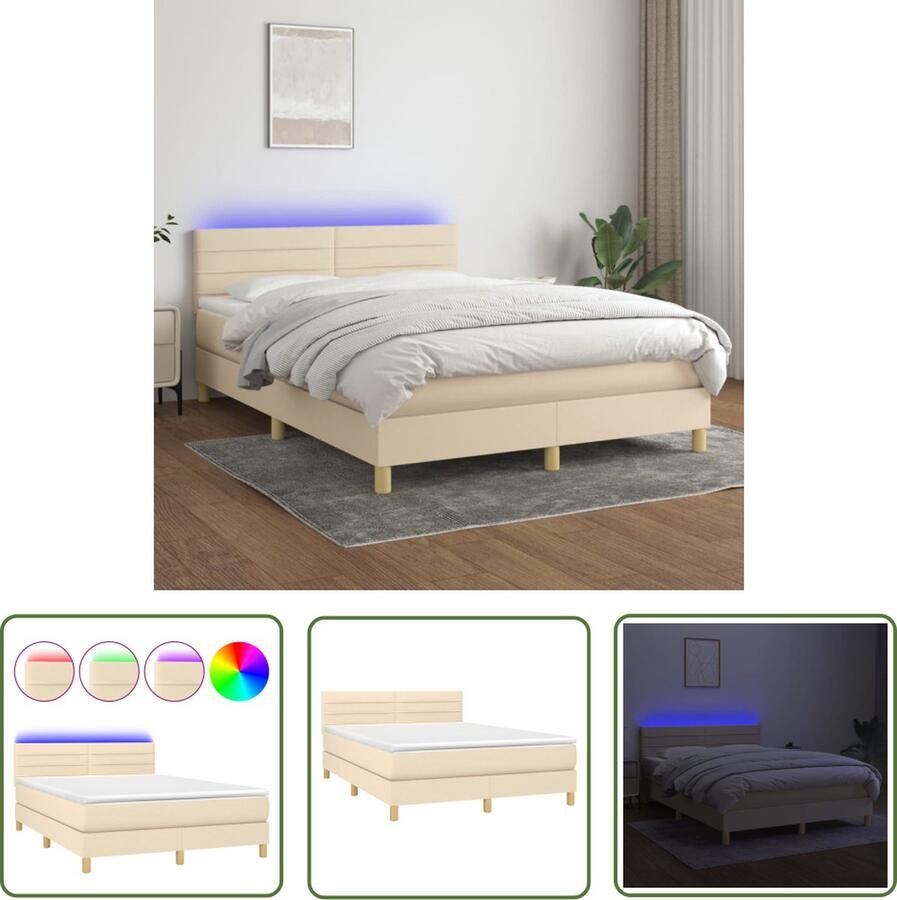 The Living Store Boxspring Crème 193 x 144 x 78 88 cm Inclusief Matras Topmatras en LED Boxspring Creme Kleurig Bed Led Lampen Slaapcomfort Pocketed Veren Matras