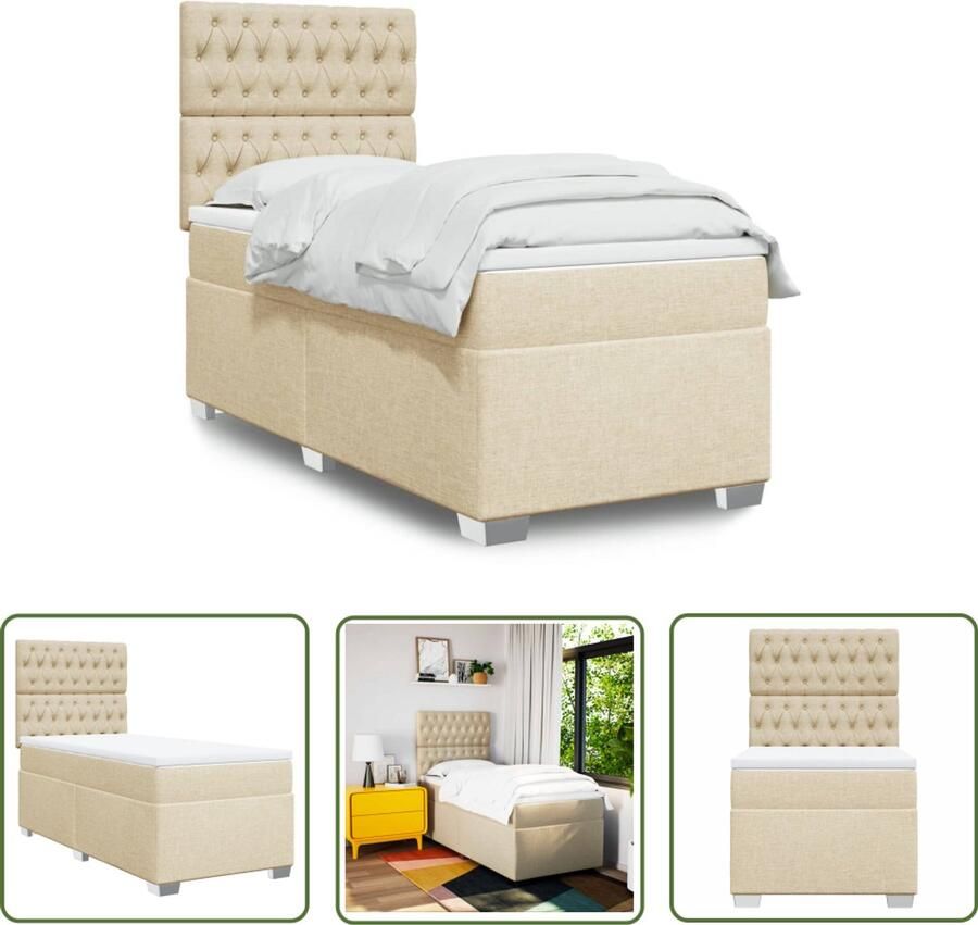 VidaXL Creme Kleurig Boxspring met matras stof crèmekleurig 90x190 cm Boxspring Bed Matras Pocketveringmatras