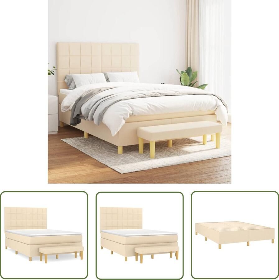 The Living Store Boxspringbed Crème 203 x 144 x 118 128 cm Duurzaam materiaal Verstelbaar hoofdbord Pocketvering matras Middelharde ondersteuning Huidvriendelijk topmatras Multifunctioneel bankje