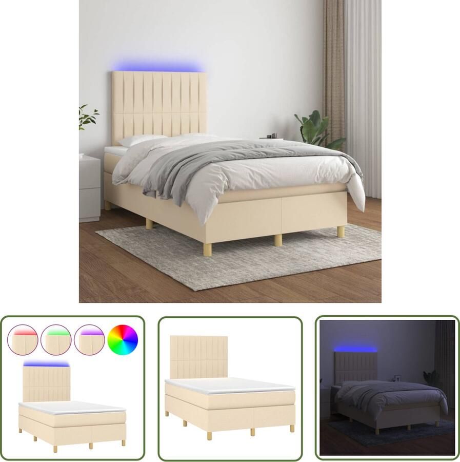 The Living Store Boxspring met matras en LED stof crèmekleurig 120x200 cm Boxspring Cremekleurig Tweepersoonsbed Adjustable Headboard Led Strip