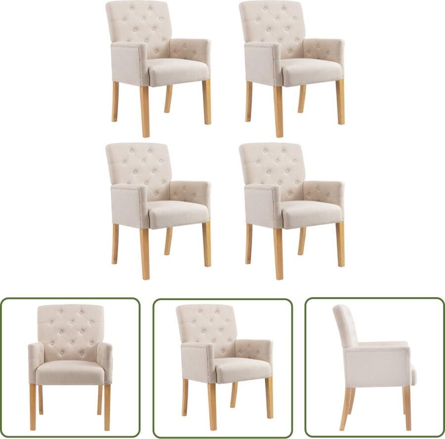 The Living Store Eetkamerstoel beige stof (100% polyester) en rubberwood 61 x 66 x 95 cm met armleuningen Eetkamerstoel Dining Chair Stoffen Fauteuil Beige Meubels Moderne Eetkamerstoel