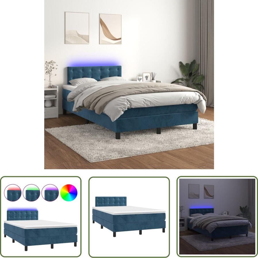 The Living Store Boxspring Donkerblauw Fluweel 203 x 120 x 78 88 cm LED en Pocketvering Boxspring Donkere Blauwe Boxspring Velvet Boxspring Led Boxspring Pocketveer Matras