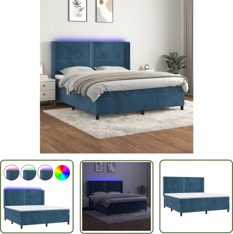 The Living Store Boxspring Donkerblauw Fluwelen Bed met LED 203x183x118 128cm Pocketvering Matras Huidvriendelijk Topmatras LED-strips Boxspring Donkere Blauwe Boxspring Velvet Boxspring Led Boxspring Pocketveer Matras