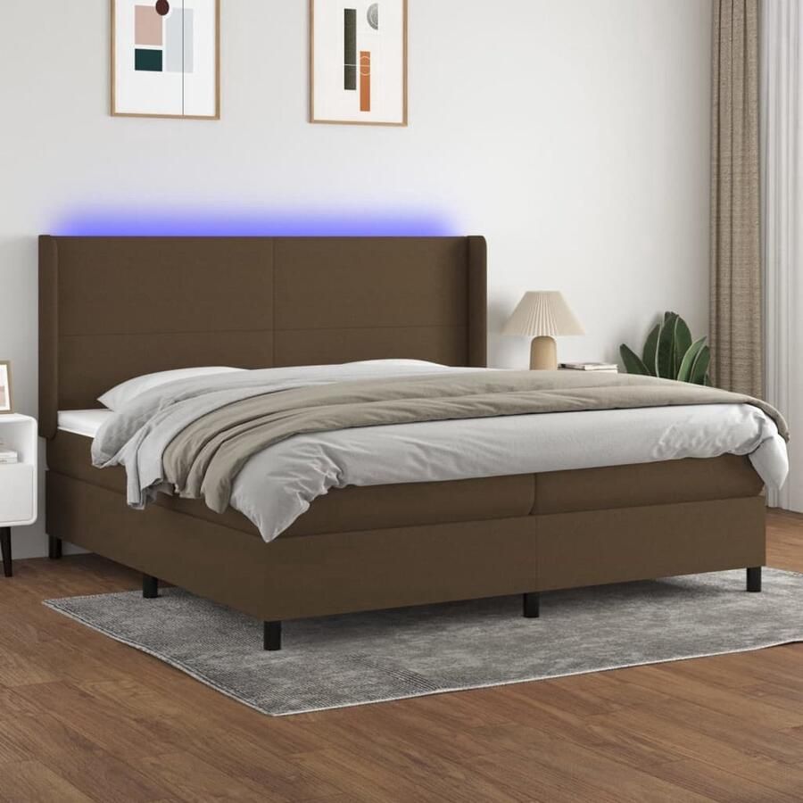 The Living Store Boxspring Bed Donkerbruin 203 x 203 x 118 128 cm LED Pocketvering Matras Huidvriendelijk Topmatras Boxspring Bed Donkere Bruine Boxspring Led Boxspring Pocketed Spring Mattress Hoofdbord