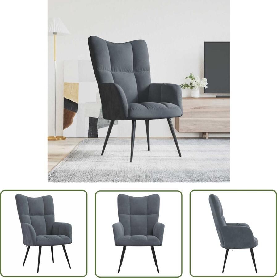 The Living Store Relaxstoel Donkergrijs fluweel 61 x 70 x 96.5 cm Stabiel en duurzaam Relaxfauteuil Donkere Fauteuils Velvet Meubels Zachte Stoffen Moderne Stoelen - Foto 2