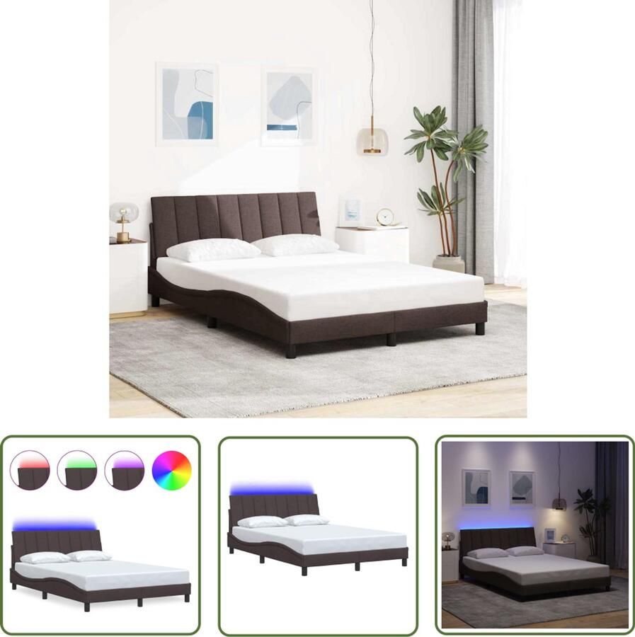 VidaXL Donkere Houten Bed Frame Bedframe zonder matras Hanko 120x200 cm stof donkerbruin Boxspring Led Lampen Hoofdkussens