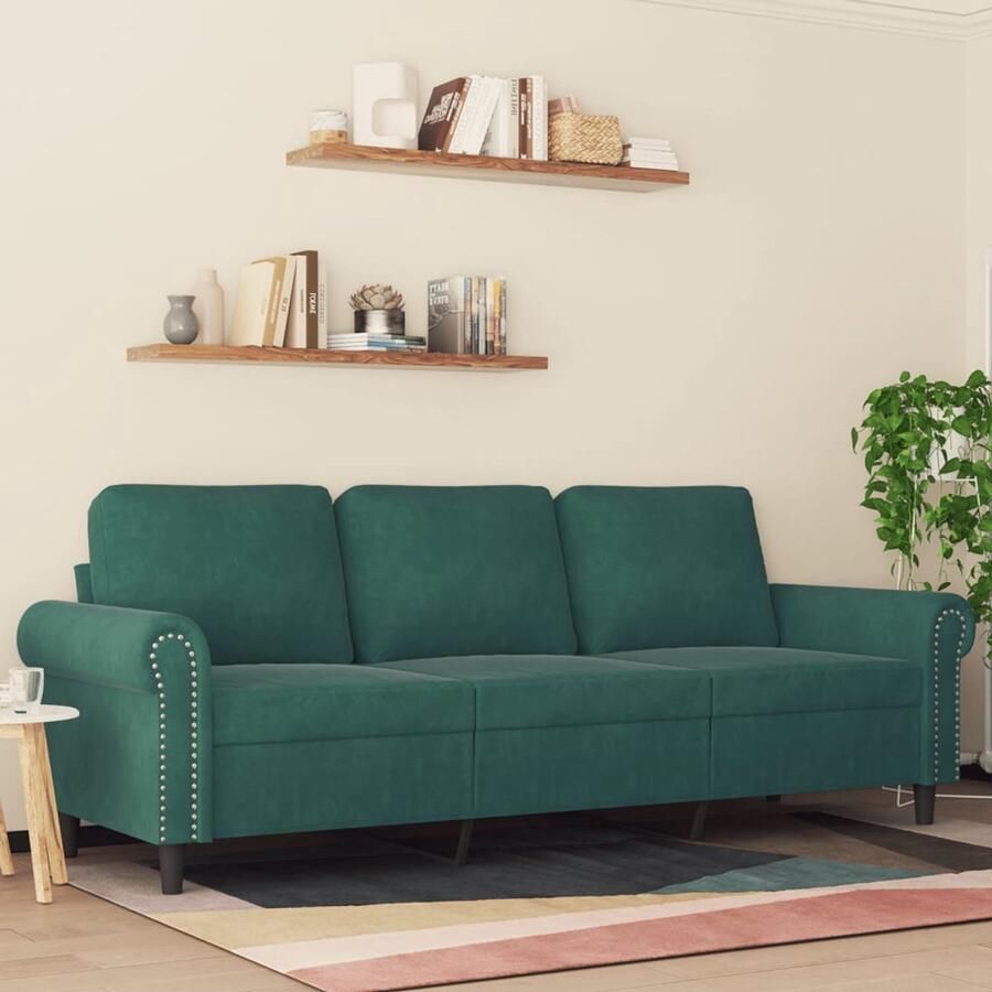 The Living Store Fluweel 3-zitsbank 212 x 77 x 80 cm Donkergroen 3-zitsbank Donkere Kleuren Fluweel Sofa Salon Meubilair Comfortabele Bank