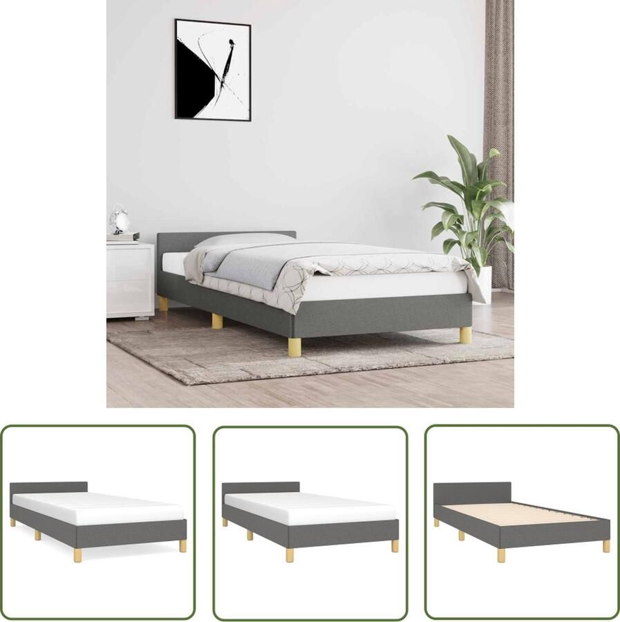 The Living Store Bedframe met hoofdeinde stof donkergrijs 90x200 cm Bedframe Met Hoofdeinde Bedframes Met Hoofdeindes Bed Slaapmeubel Ledikant Bedbodem Tweepersoonsbed Bedden Slaapmeubels Slaapmeubelen Slaapmeubilair
