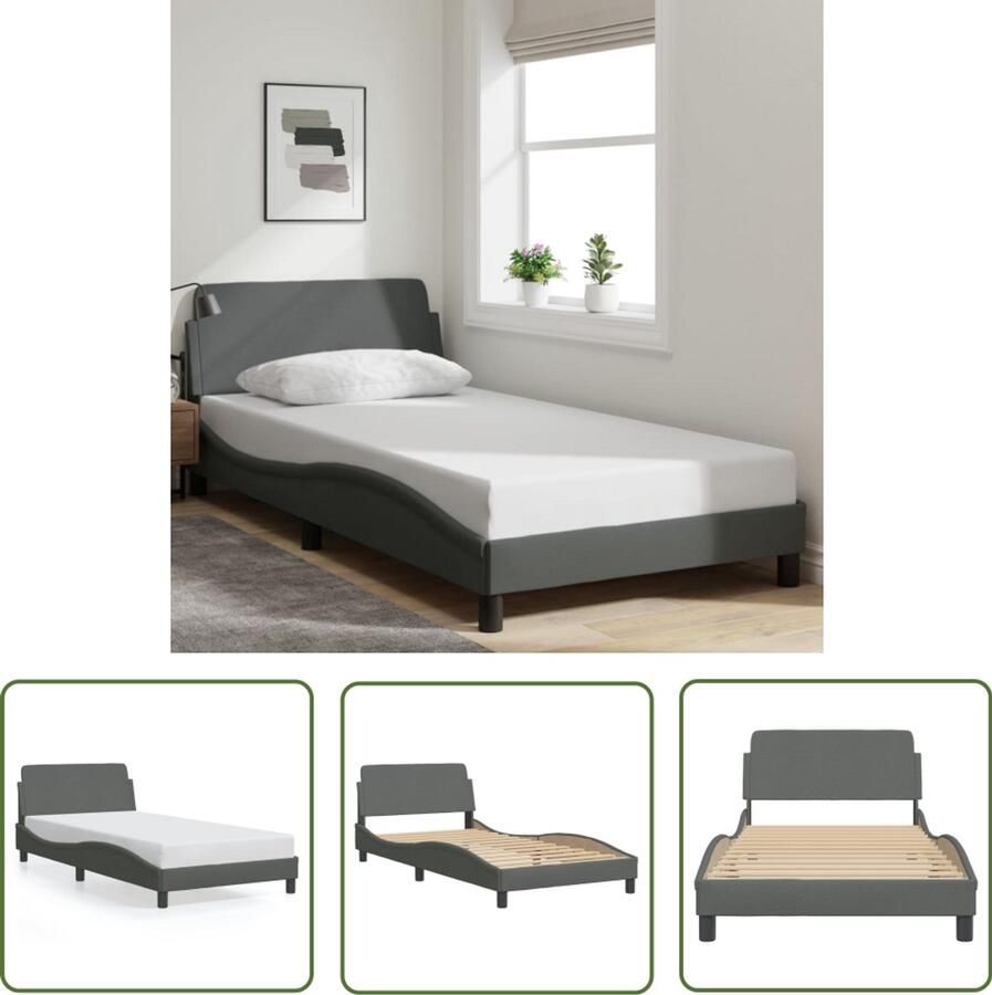 VidaXL Bedframe Dover 100x200 cm stof donkergrijs Bedframe Donkere Kleuren Stoffen Bedframe Tweepersoonsbed King Size Bed